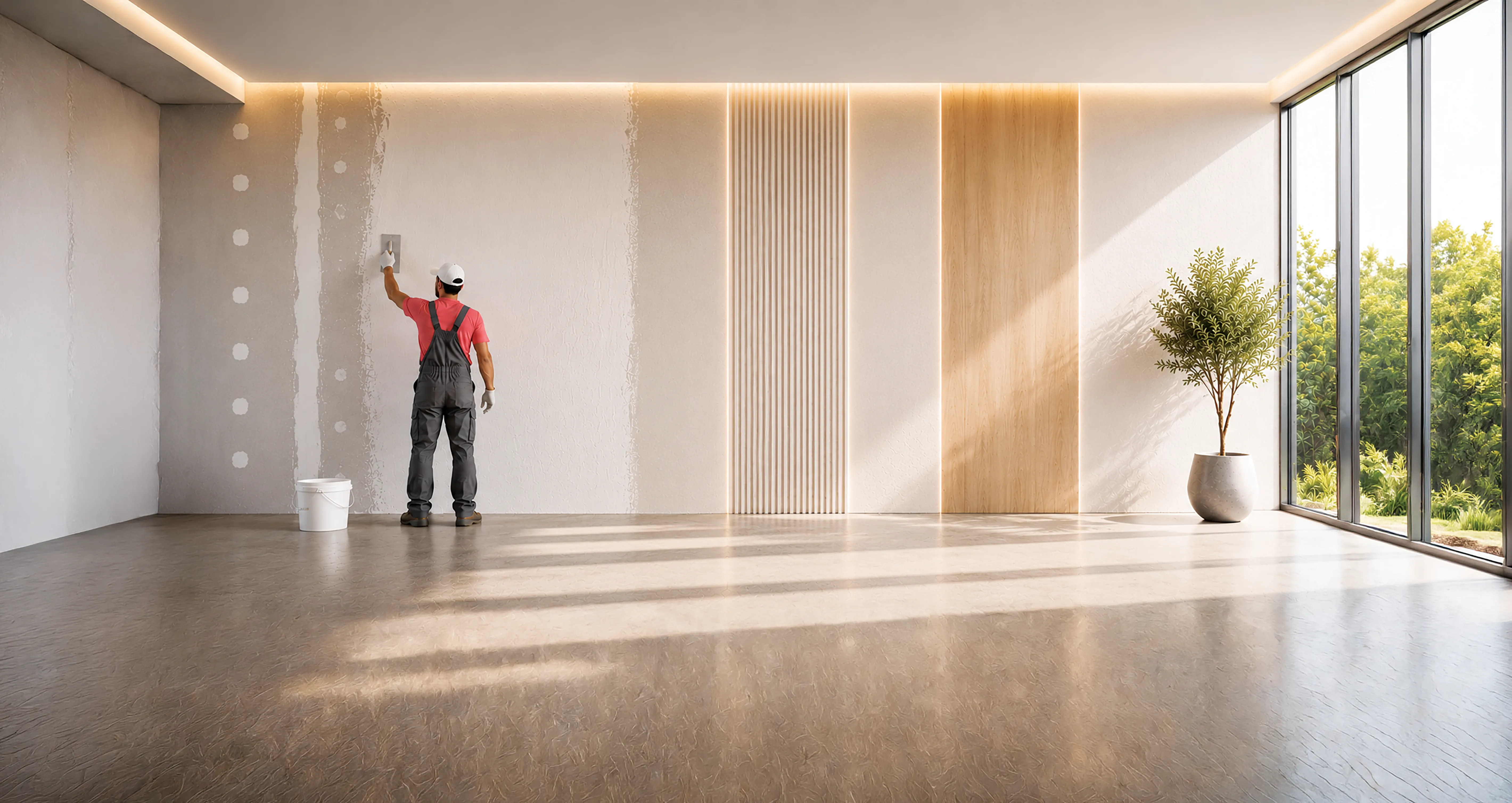 Worker applying putty to a wall